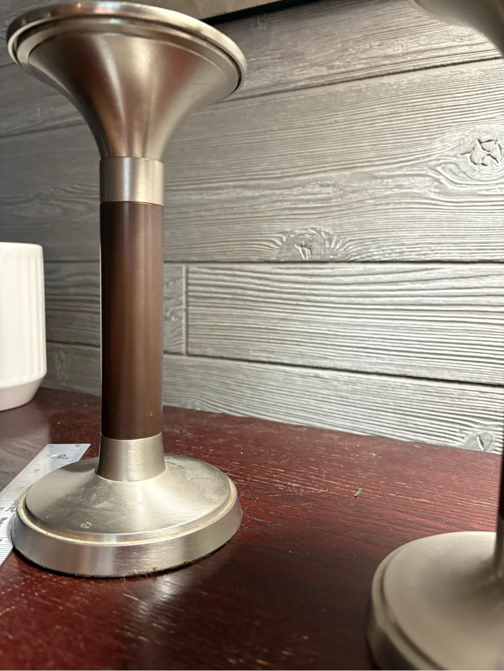 Modern Metal & Dark Wood Candlestick Pair 8”tall